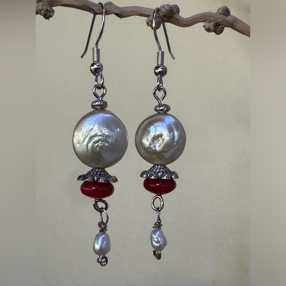 Handcrafted Genuine Silver Coin Pearl & Red Coral Bead Drop w/ Dangles Earrings - Picture 8 of 15